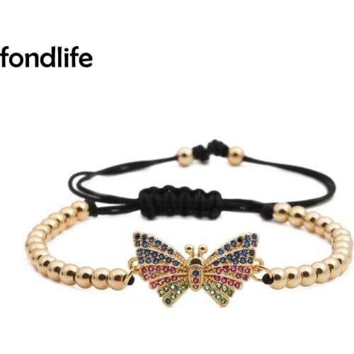 Multicolor Rainbow Cubic Zirconia Crystal Butterfly Charm 4MM Gold-plated Gum Metal Copper Beads Bracelet Women Trendy Jewelry