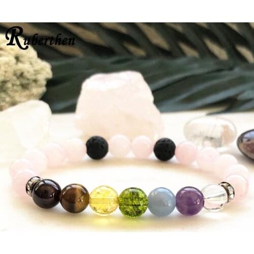 Ruberthen 8 MM Gem Stone Crown Chakra Bracelet for Women Mix Crystals Bracelet Natural Rose Quart z Lucky Stone Bracelet