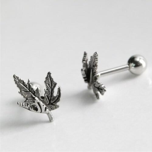 Punk Style Leaves Maple Leaf Earrings Silver Color Titanium Steel Casting Earrings Men and Women Thick Earpin Piercing Jewelry