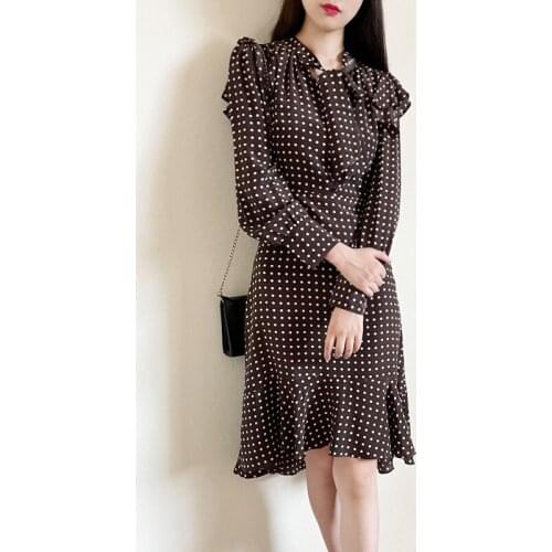 Silk Vintage Spot Bow Collar Ruffles Irregular Dress UK Collections UK8-16