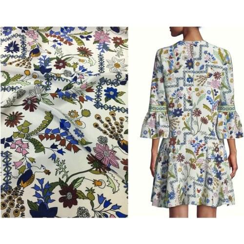 Smiya small floral digital printing white background wave elastic crepe de chine natural mulberry silk haute couture fabric