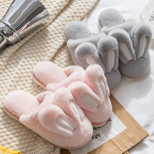 Women Warm Faux Fur Slippers Cute Rabbit Ear Lovers Indoor Slipper Soft Plush Anti-slip Winter Female Home Floor Shoes SH462