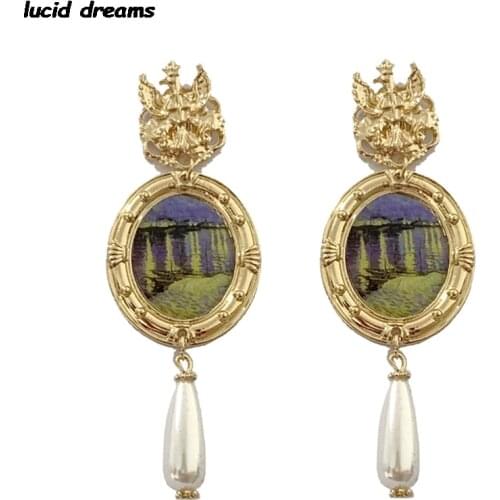 Van Gogh The Starry Night Fashion Jewelry Painting Drop Earrings For Women Vintage Pearl Retro Art Cameo Gold Baroque Jewelry