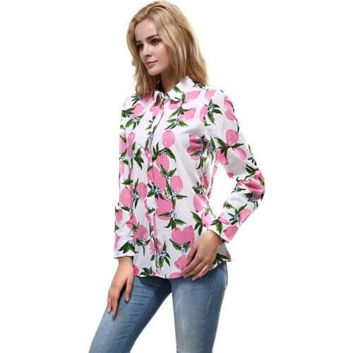 Womens Printed Blouse Long-sleeved Cotton Turn-down Collar Shirt Womens Bottom Shirt Office Lady Print tops and blouses