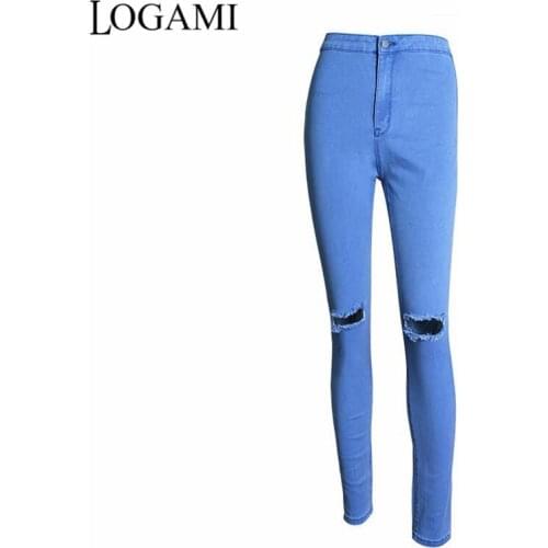 LOGAMI Fashion Skinny Jeans Blue Woman Distressed Ripped Pencil Pants Women Jeans