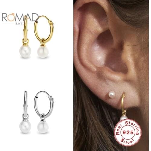 ROMAD INS Fashion All-match 925 Sterling Silver Hoops Earrings For Women Pearl Pendant Earring Korean Jewelry Kolczyki Damskie