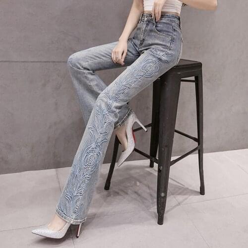 New Original Design Vintage Jeans Women Korean Fashion High Waist Flare Pants Embroidered Pattern Stretch Trousers Femme