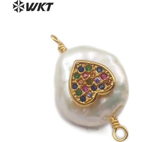 WT-MC272 heart shape cubic zirconia pave Connector freshwater pearl Connector charm double hoops colorful Necklace Pendant