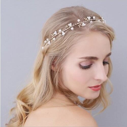 Women Golden Alloy Leaf Bridal Headdress Beaded Wedding Hair Accessories For Women Crown