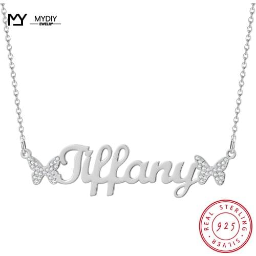 MYDIY Ladies Necklace S925 Sterling Silver Pendant Necklace Jewelry Custom Name Shiny Full Zircon Butterfly Summer New Product