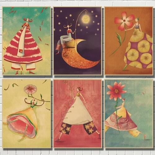 Abstract Canvas Painting Butterfly Girls Fairy Kraft Paper Poster Decor Wall Art Picture Gift Bedroom Kids Room Decoration