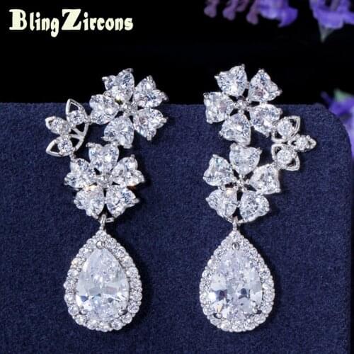 BeaQueen Shining Clear Crystal Heart Cut Flower Long CZ Stone Drop Wedding Bridal Earrings for Bride Bridesmaid Jewelry E114