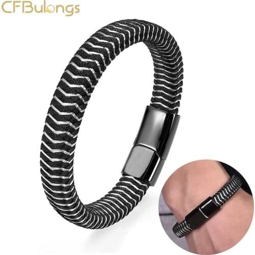 CFBulongs Punk Threaded Magnetic Buckle Cowhide Braided Mens Bracelet Fashion Simple Charm Titanium Steel Bracelet Men Jewelry