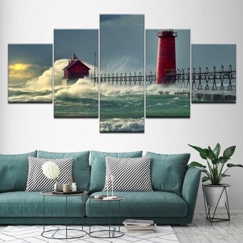Canvas Painting Grand Haven Lighthouse seascape 5 Pieces Wall Art Modular Wallpapers Poster Print for living room Home Decor