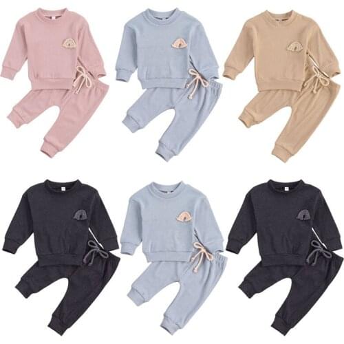 0-24m Baby Boys Girls Outfits Set Rainbow Pattern Long Sleeve O-neck Tops + Drawstring Waist Long Pants Outfit 2pcs Auutmn Set
