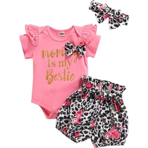 2021-05-06 Lioraitiin 0-18M Infant Baby Girls Summer Letter Print Ruffles Short Sleeve Bodysuit Tops+Floral Shorts+Headwear