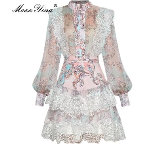 MoaaYina 2021 Fashion Runway Summer Skirts Suit Women Ruffle Long sleeve Print Shirt and High waist Mini Skirt 2 Two Piece Sets