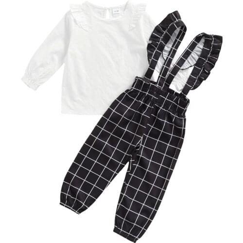 2021 0-5Y Fashion Kids Baby Girl Clothes Set Ruffle White Solid Long Sleeve Blouse+Plaid Suspender Pants Autumn Outfits 2pcs