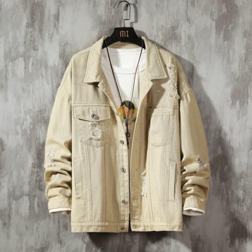 Streetwear Mens Ripped Hole Cotton Black Blue Khaki Slim Fit Denim Jackets