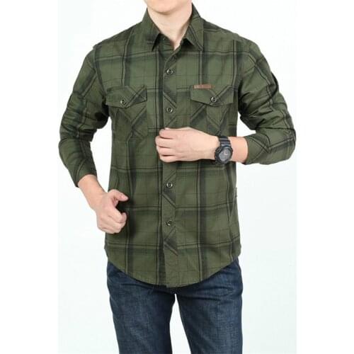 Spring Summer Plaid Shirt Men 100% Cotton Long Sleeve Multi-pocket Casual Camisa Masculina Military Mens Shirts Chemise Homme