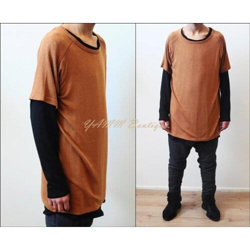Mens Wide Neck Short Sleeve Lengthen Elongated Knitted Tshirt - Extended Tee Tshirt