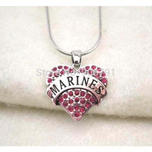 Fashion 50pcs a lot rhodium plated marines with red crystal heart pendant necklace