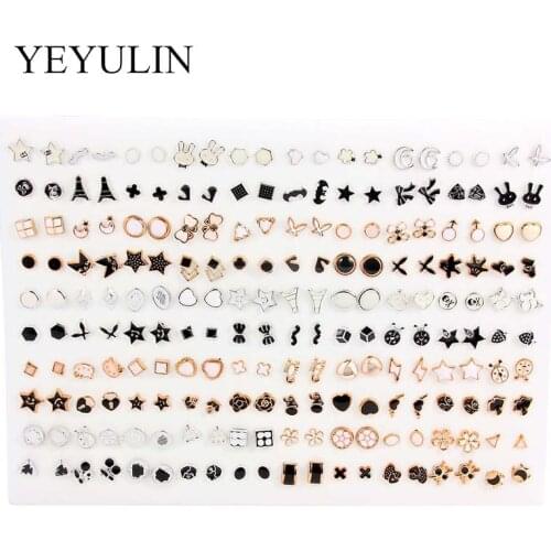 100pairs Mixed Enamel Love Heart Rose Flower Stud Earrings for Women Girls Cat Ladybug Strawberry Ears Jewelry Gift Wholesale