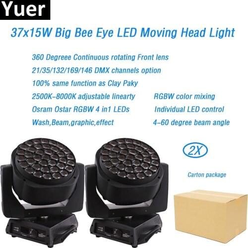 2Pcs/Lot moving head wash beam led light 37x15w RGBW 4in1 led copy clay paky A.leda B-EYE K20 FX effect dj disco stage light dmx
