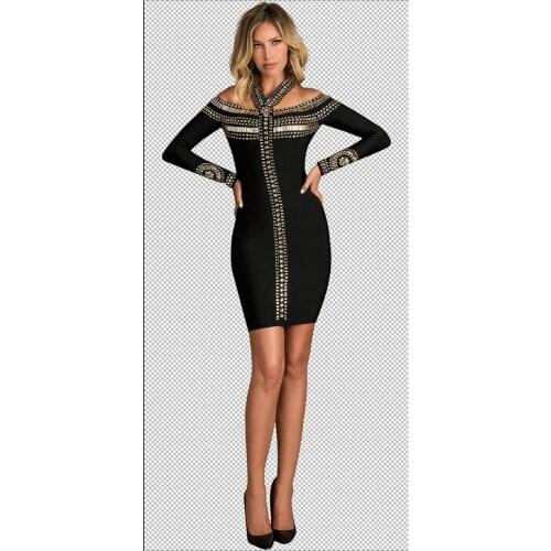 High Quality Halter Long Sleeve Beaded Skinny Bandage Women Dress Evening Party Dress Christmas Dress