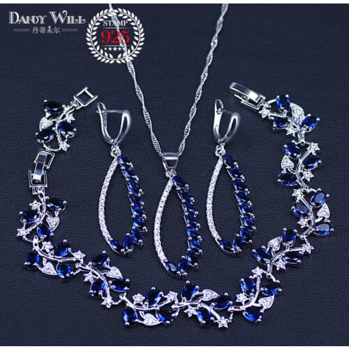 Silver color Jewelry Sets Blue Zircon Stone White CZ Beads For Women Party Earrings/Pendant/Necklace/Bracelet