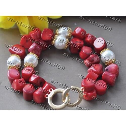 Z11266 2Row 8" 13mm Red Baroque Coral White Shell Pearl Beacelet Women Fashion Jewelry