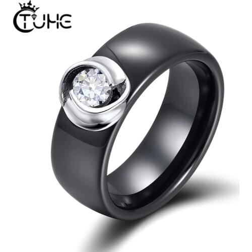 8mm Black White Ceramic Rings Plus Cubic Zirconia For Women Girl Elegant 925 Sterling Silver Women Wedding Ring Fashion Jewelry