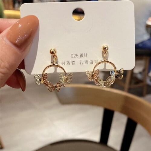 High Quality Delicate Gold Color Butterfly Women Drop Earring Cute Bow Hoop Wedding Dancing Party Daily Wear Trendy Jewelry 073