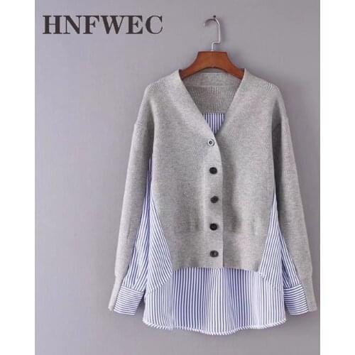2020 Spring Knitting Stripes Patchwork Fake Two V Neck Cardigan Jacket Sweater Women V449