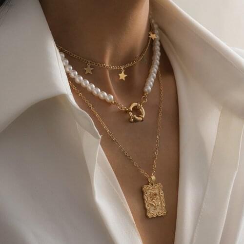 Vintage Imitation Pearl Flower Pendant Necklace Women Gold Color Star Heart Chain Choker Necklace Bohemian Punk Jewelry Gift