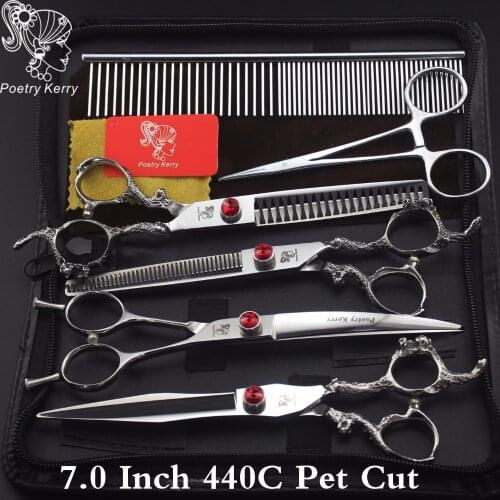 7 inch Poetry Kerry 440C Professional pet grooming kit direct and thinning dog scissors and curved pieces 4 pieces.FL-70 Pet cut