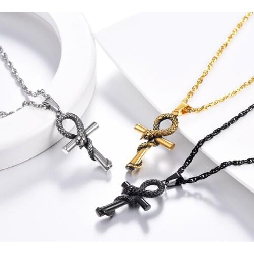 Anka Snake Cross Necklace Stainless Steel Pendant & Chain for Men Women Amulet Cross Necklaces Fashion Jewelry