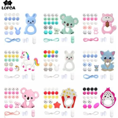 LOFCA Silicone Teether Wood Beads Set BPA Free DIY Baby Teething Necklace Toy Cartoon Koala Raccoon Panda Pacifier Chain Clip