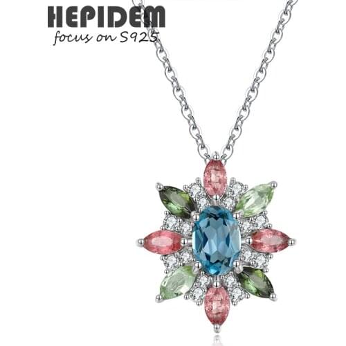 HEPIDEM 100% Topaz 925 Sterling Silver Pendant Necklace 2021 New Women Blue Gemstones Choker Statement with Chain S925 H1545