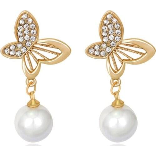 Cute Butterfly Shape Pearl Drop Dangle Wedding Earrings for Women Gold Metal Rhinestone Engagement Earring Valentines Day
