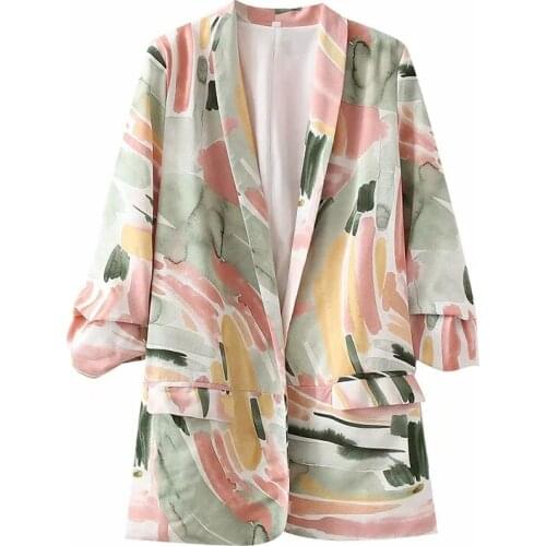 Nlzgmsj Za Women 2021 Autumn Fashion Flower Print Blazers Coat Vintage Long Sleeve Pockets Female Outerwear Chic Tops 202107