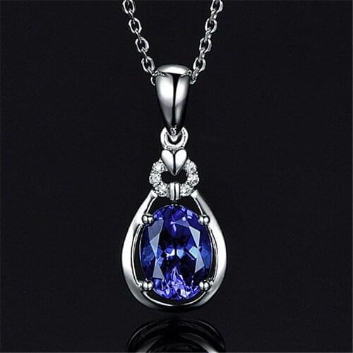Top Quality 925 Sterling Silver Necklace For Girl Jewelry Bright Crystal Blue Water Drop Pendant Necklace Women Wedding Bijou