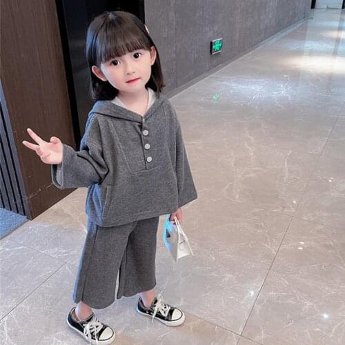 Autumn Children Clothing Sets Baby Boys Girls Solid Casual Hooded Coat+Wide Led Pant Two Piece Outfit Kids Loose Sport Suit 1-7T