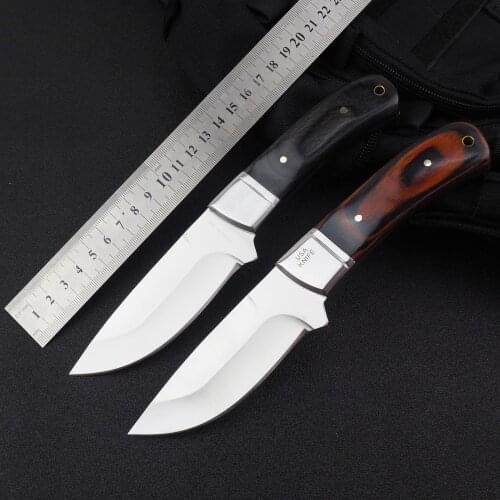 Outoor Hunting Combat 440C Stainless Steel Fixed Blade Knife Natural Wood Handle High Density Nylon Sheath