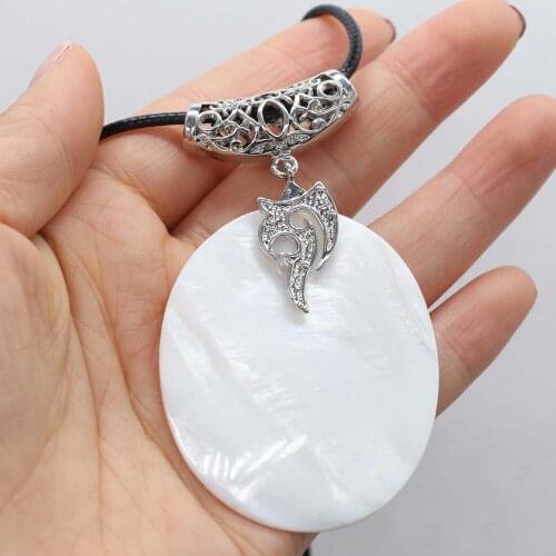 Natural Shell Necklace With Egg-Shaped White Drill Pendant Leather Cord 2MM Charms For Elegant Women Love Romantic Gift