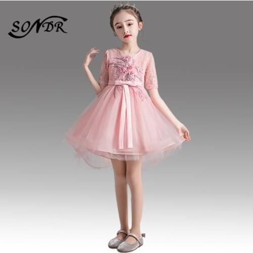 Pink Bow Flower Girl Dresses HT177 O-Neck Long Sleeve Formal Kids Party Dress Embroidery Beading First Communion Dress For Girls