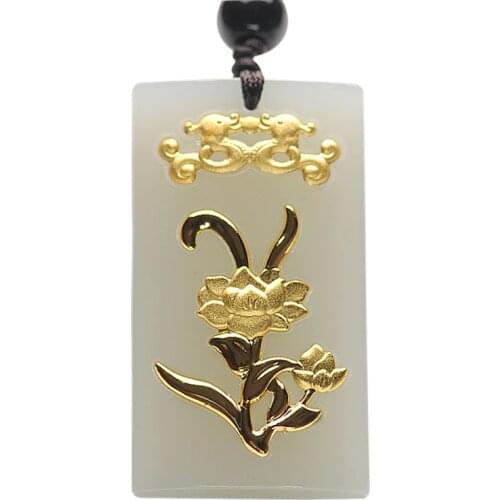 18K Gold Jade Pendants natural Femal Chinese Fine Jewelry For Wormen Square card Fashion Hetian jade Necklace Pendant Woman