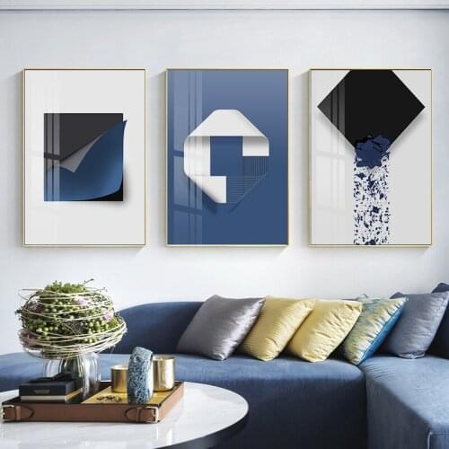 Simple and modern Nordic abstract geometry blue building mural canvas printing living room decoration painting