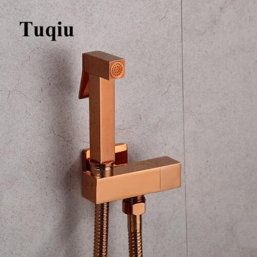 Hand Held Bidet Sprayer Douche Toilet Kit Bidet Faucet Rose Gold Square Shattaf Shower Head Copper Valve Set Jet Bidet Faucet