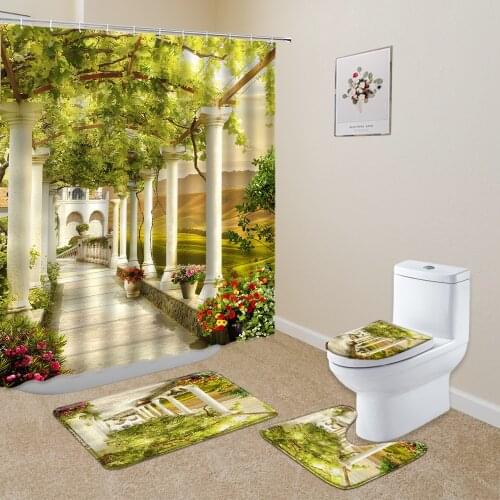 4 Pcs/Set Shower Curtains European Retro Stone Architecture Green Plant Flower Patio Scenery Bathroom Decor Bath Flannel Mat
